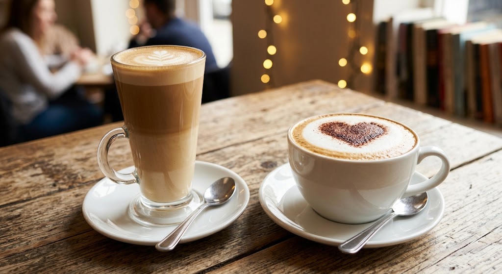 Two coffees,  a latte and a cappuccino